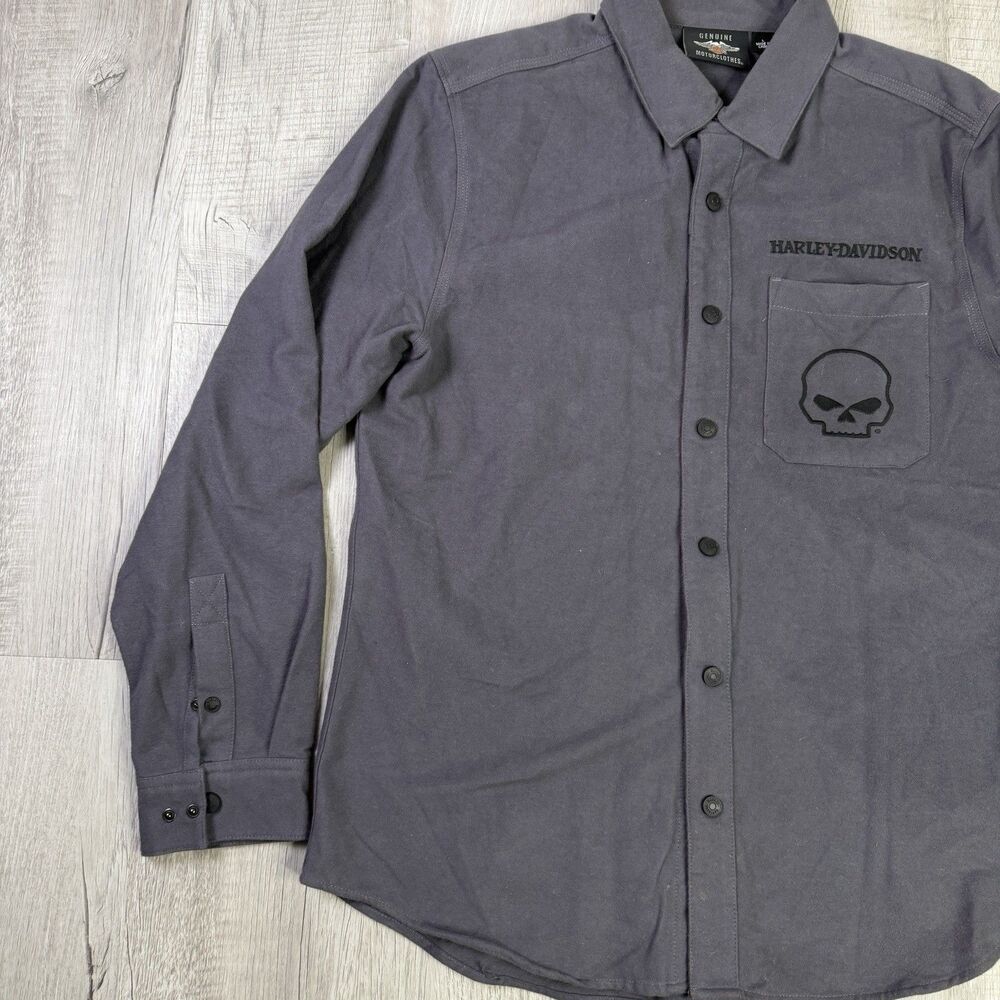 Harley Davidson Gray Button Front Willie G Skull L/S Shirt Mens Sz Large Thick N - Picture 2 of 10